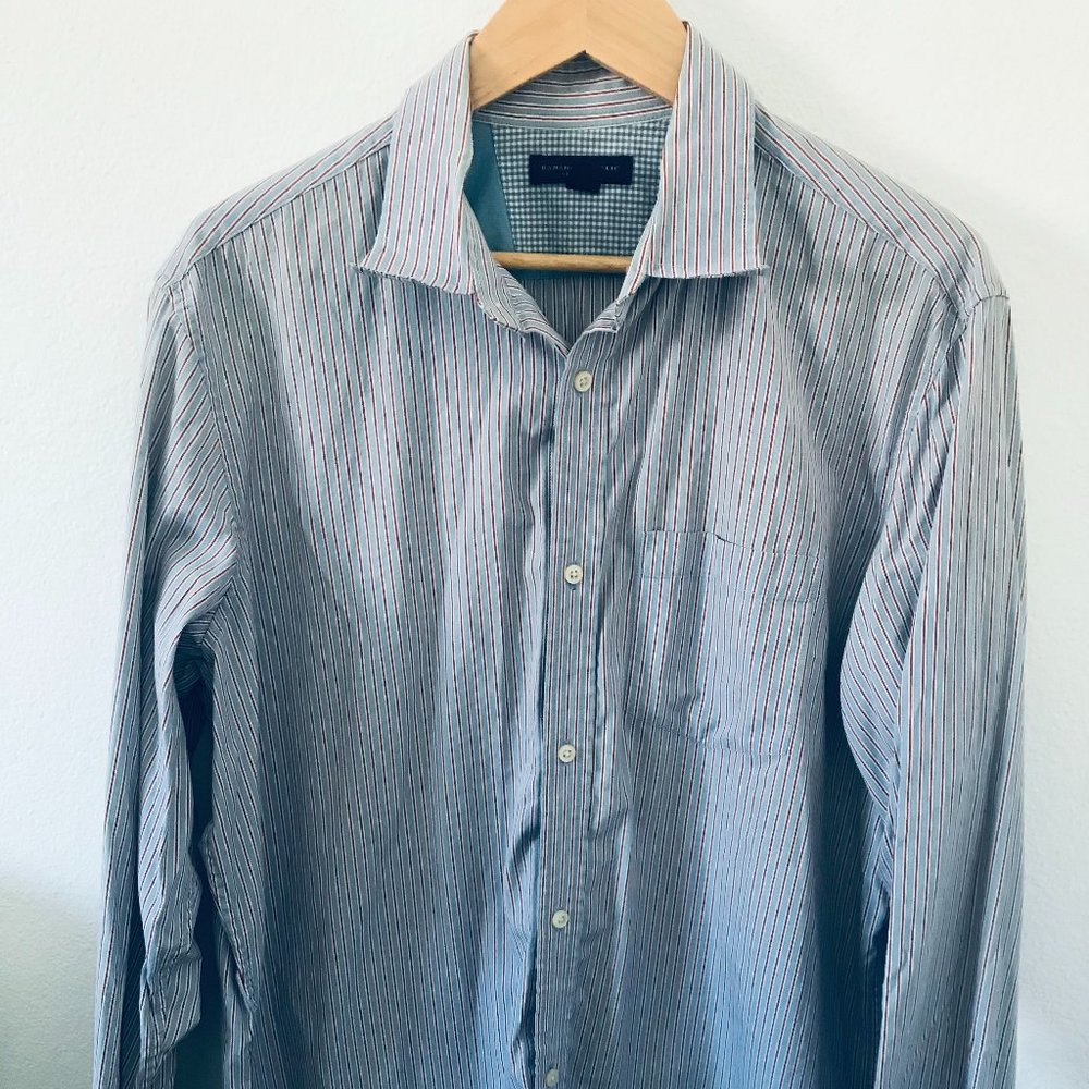 Banana Republic Button Front Shirt, Men's, Striped, Blue and Red, 17- 17 1/2 Tal